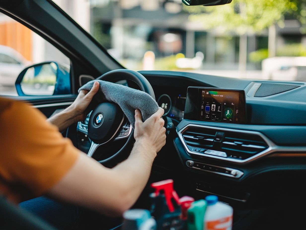 A person cleaning spills in an electric vehicle interior.