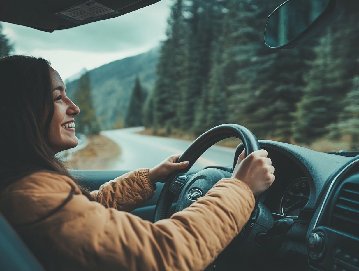 A person test-driving a car on a scenic road.