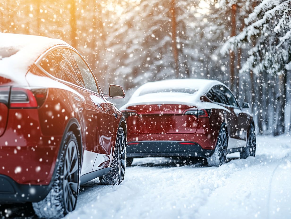 Electric car driving through snow in winter.