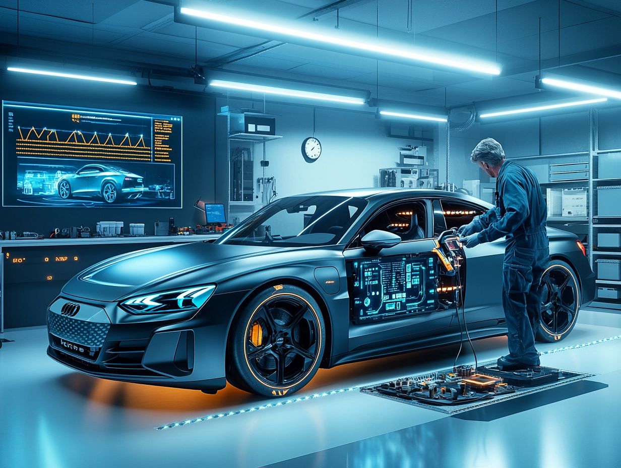 A technician repairing an electric vehicle, highlighting the demand for skilled labor in the EV market.